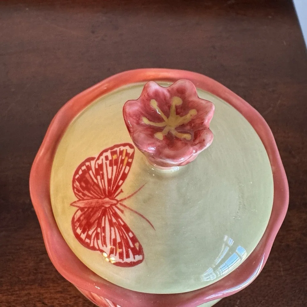 April Cornell Ceramic Sugar Creamer Green Pink Butterfly Lidded Sugar Bowl Set